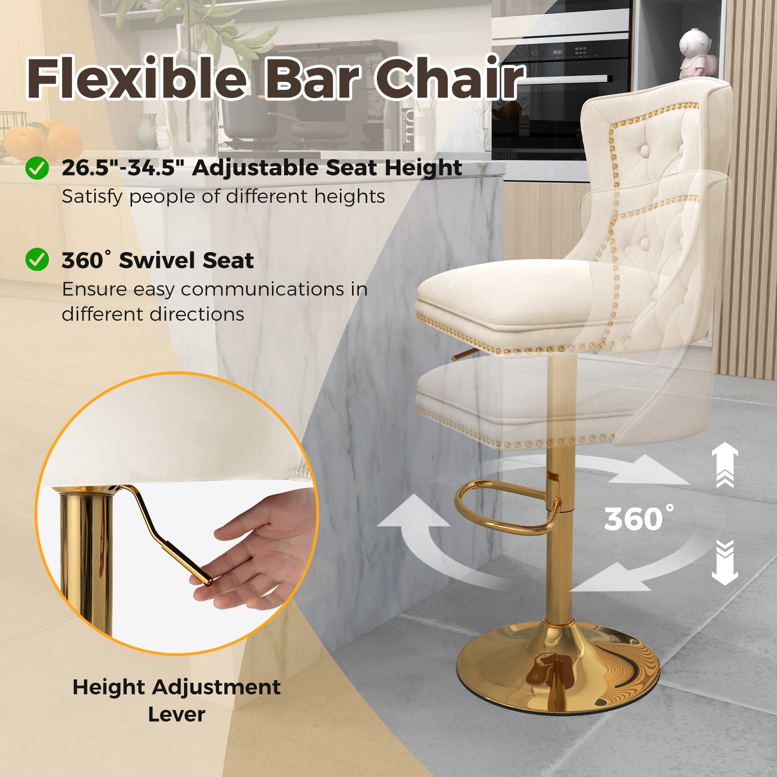 Set of 2 Bar Chairs with Footrest Electroplated Metal Base and Anti-Slip Ring-Beige