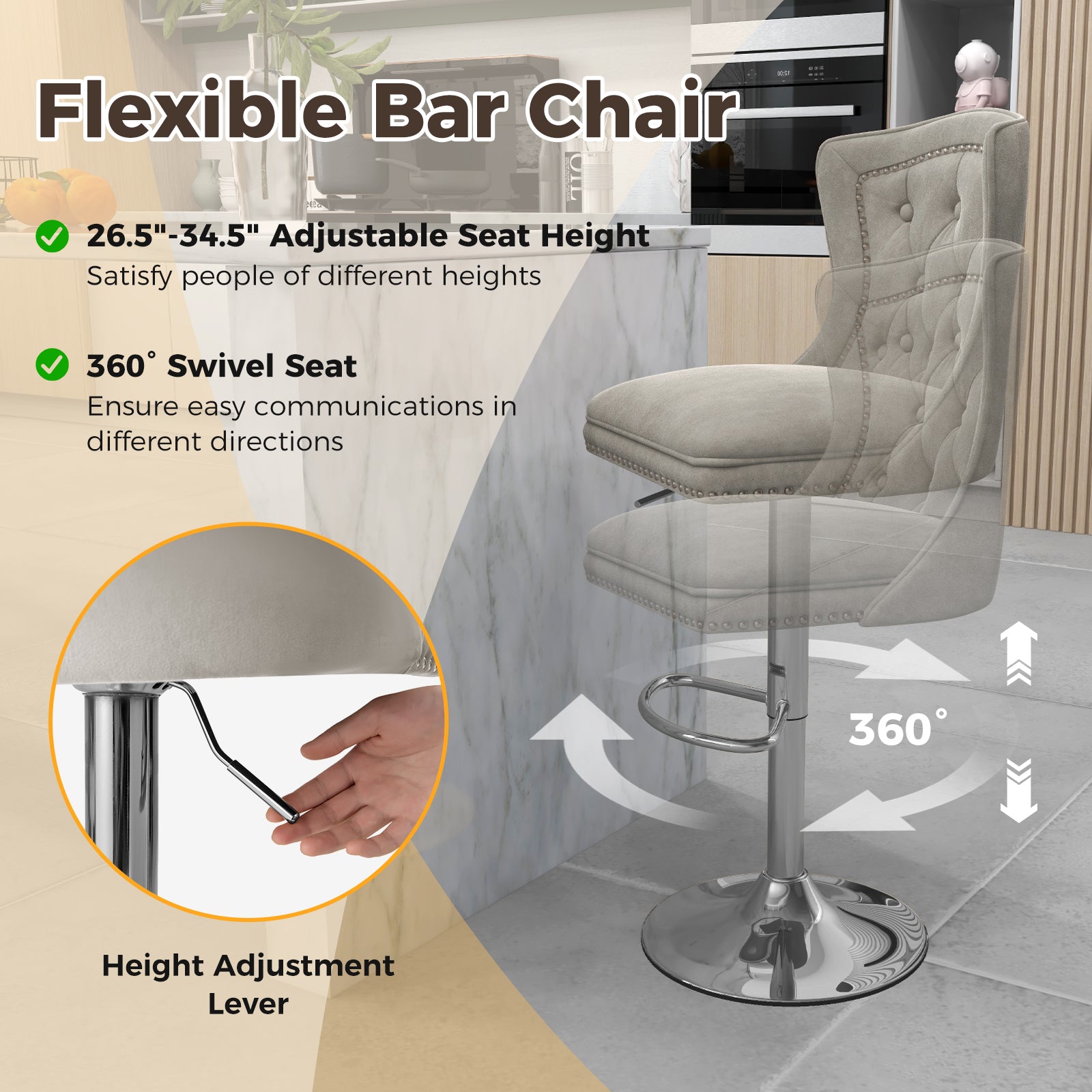 Set of 2 Bar Chairs with Footrest Electroplated Metal Base and Anti-Slip Ring-Gray
