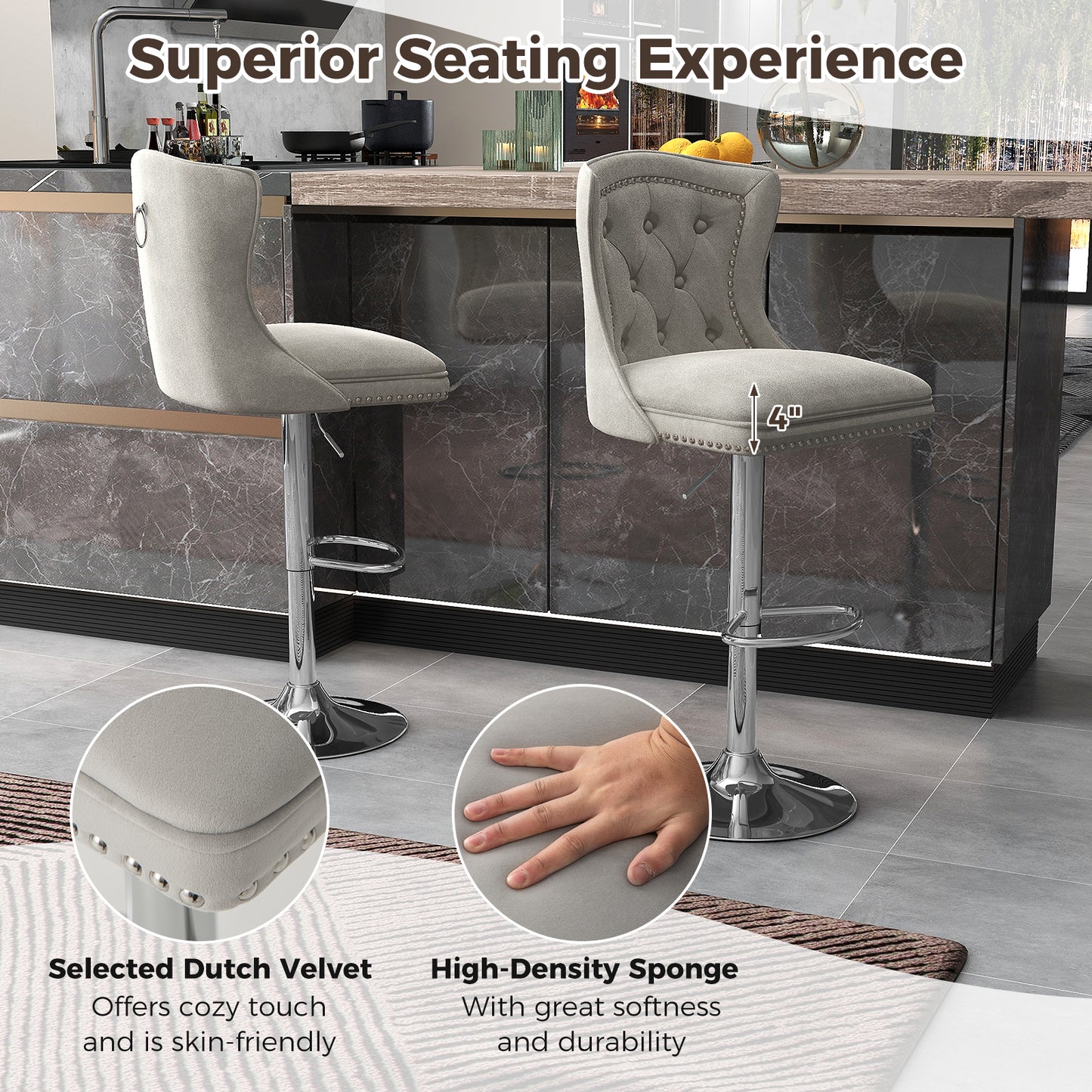 Set of 2 Bar Chairs with Footrest Electroplated Metal Base and Anti-Slip Ring-Gray
