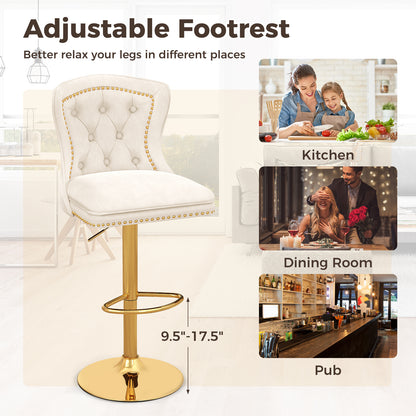 Set of 2 Bar Chairs with Footrest Electroplated Metal Base and Anti-Slip Ring-Beige