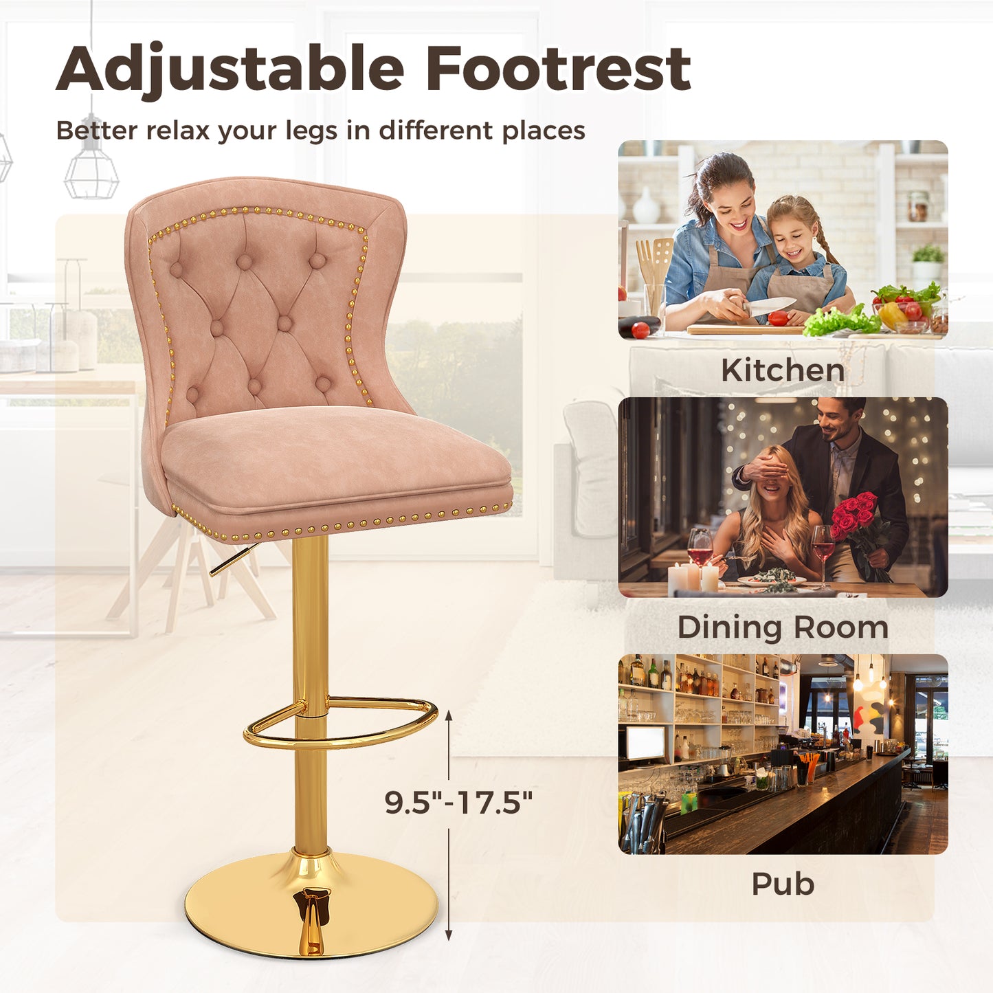 Set of 2 Bar Chairs with Footrest Electroplated Metal Base and Anti-Slip Ring-Pink