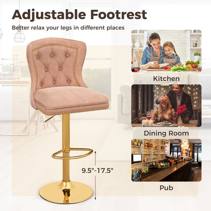 Set of 2 Bar Chairs with Footrest Electroplated Metal Base and Anti-Slip Ring-Pink
