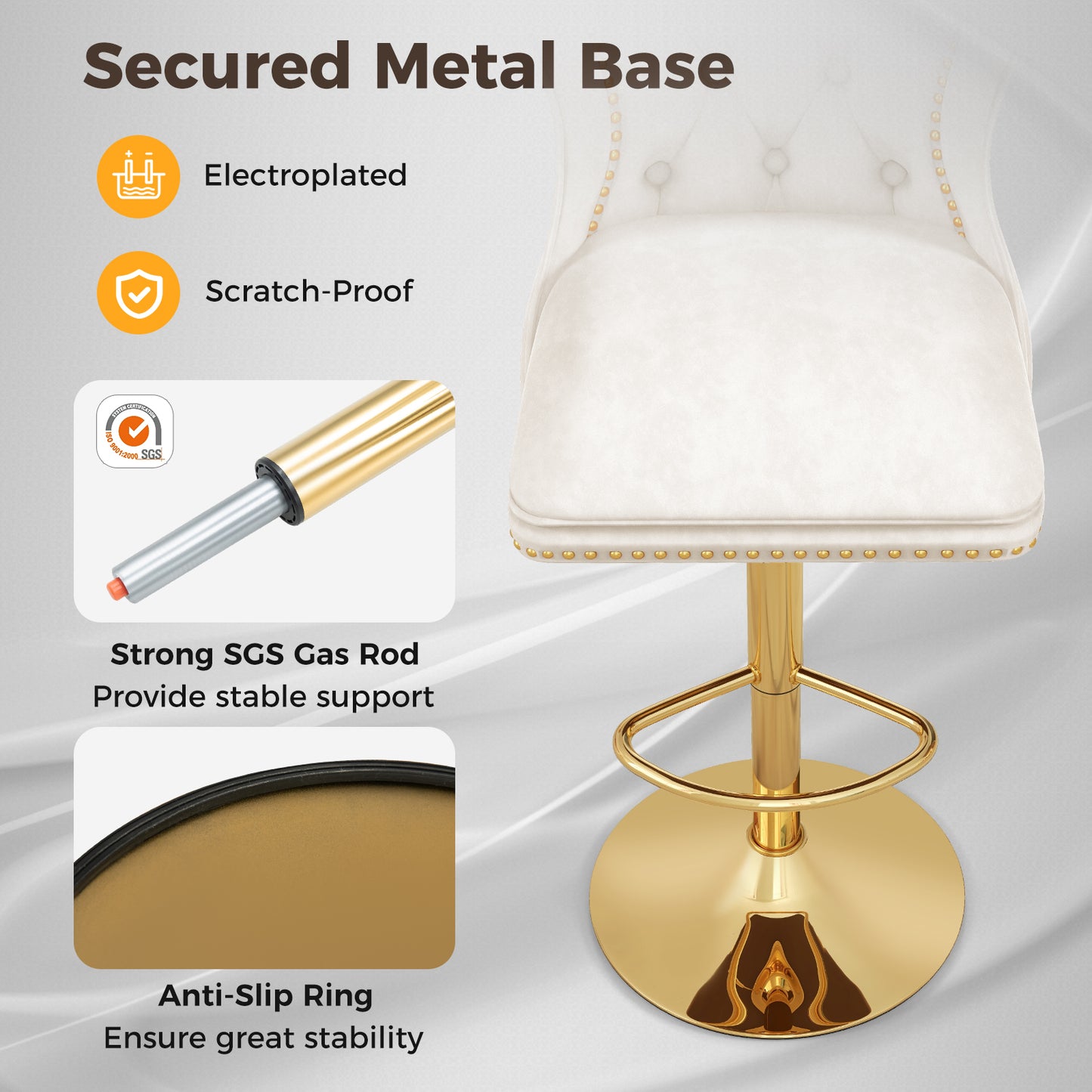 Set of 2 Bar Chairs with Footrest Electroplated Metal Base and Anti-Slip Ring-Beige