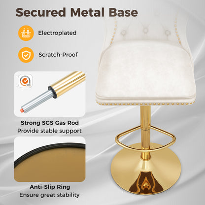 Set of 2 Bar Chairs with Footrest Electroplated Metal Base and Anti-Slip Ring-Beige
