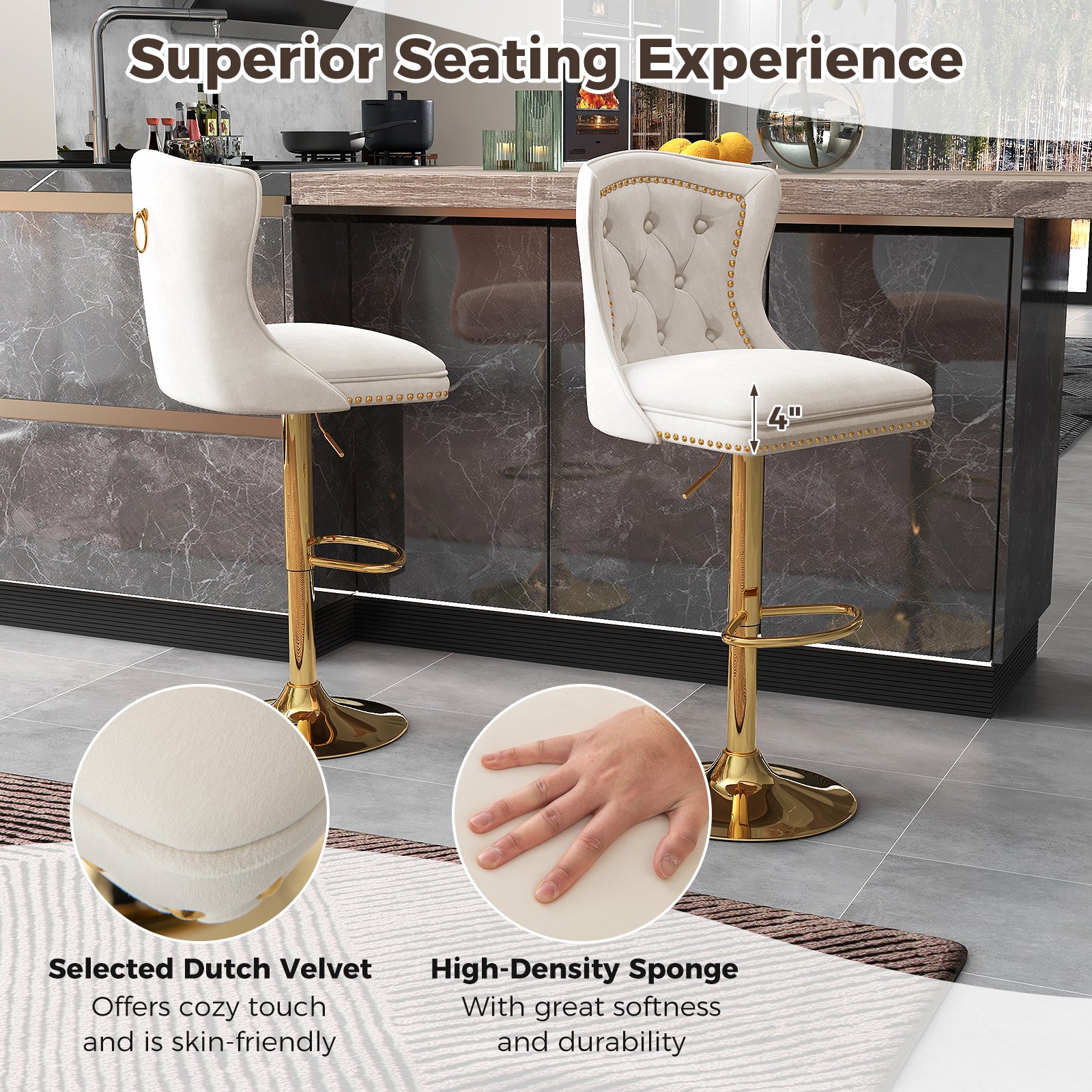 Set of 2 Bar Chairs with Footrest Electroplated Metal Base and Anti-Slip Ring-Beige