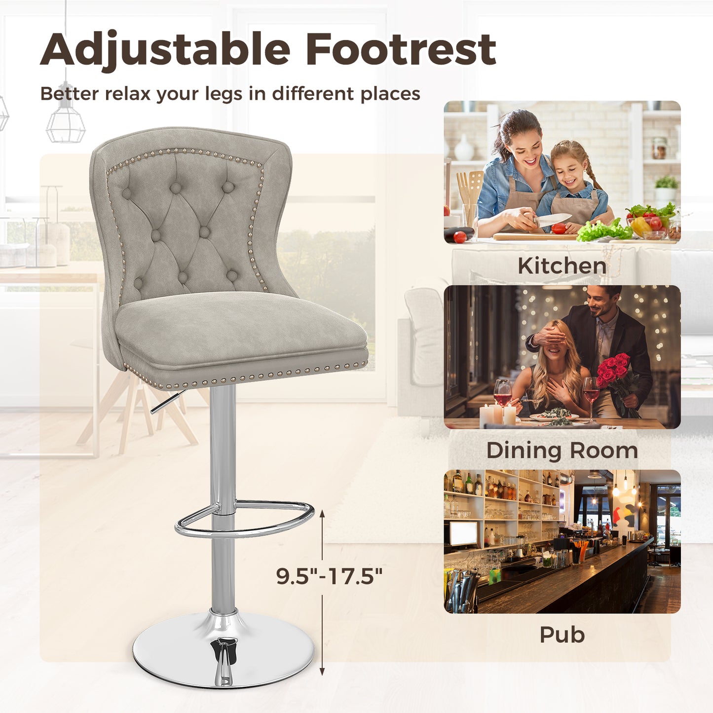 Set of 2 Bar Chairs with Footrest Electroplated Metal Base and Anti-Slip Ring-Gray