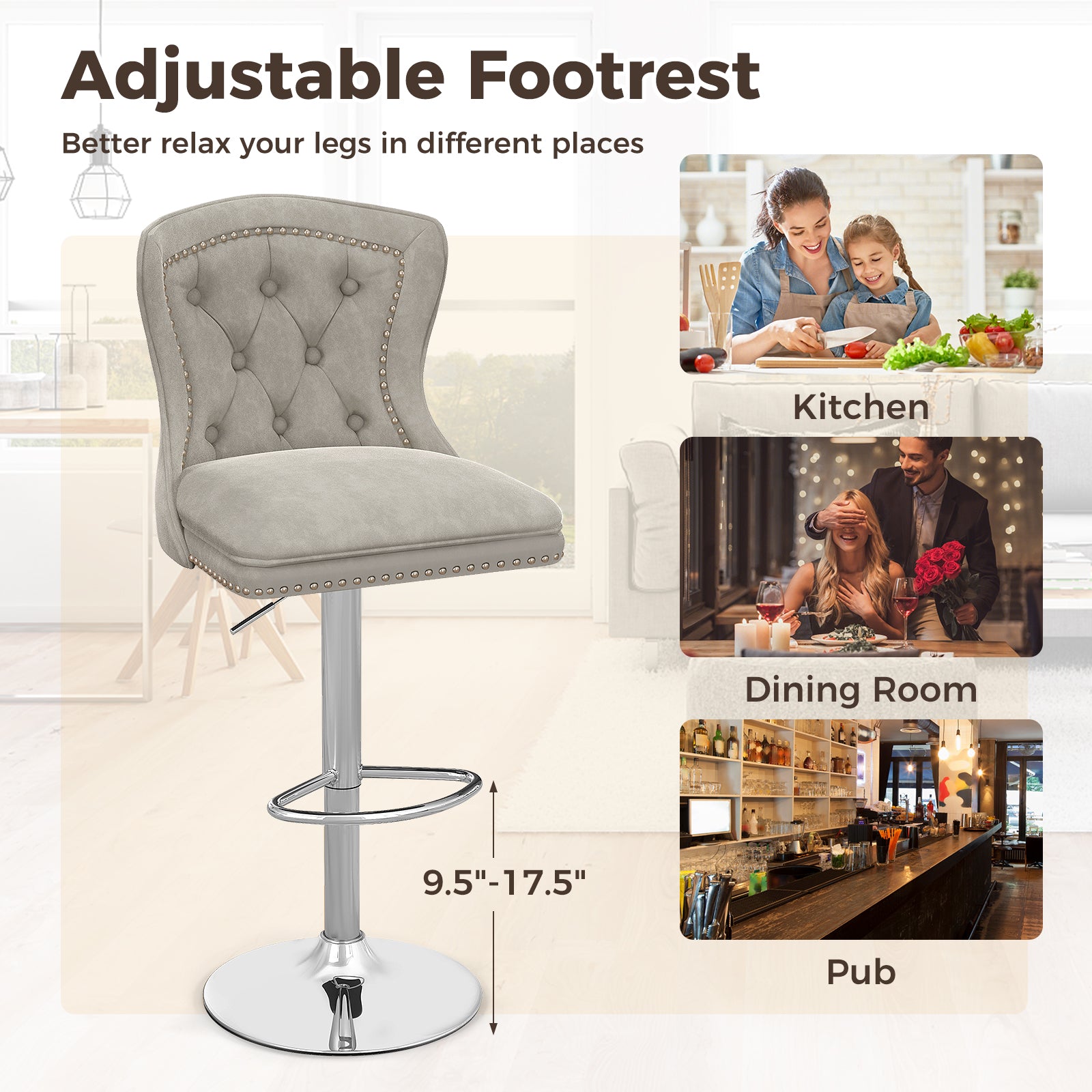 Set of 2 Bar Chairs with Footrest Electroplated Metal Base and Anti-Slip Ring-Gray