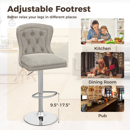 Set of 2 Bar Chairs with Footrest Electroplated Metal Base and Anti-Slip Ring-Gray