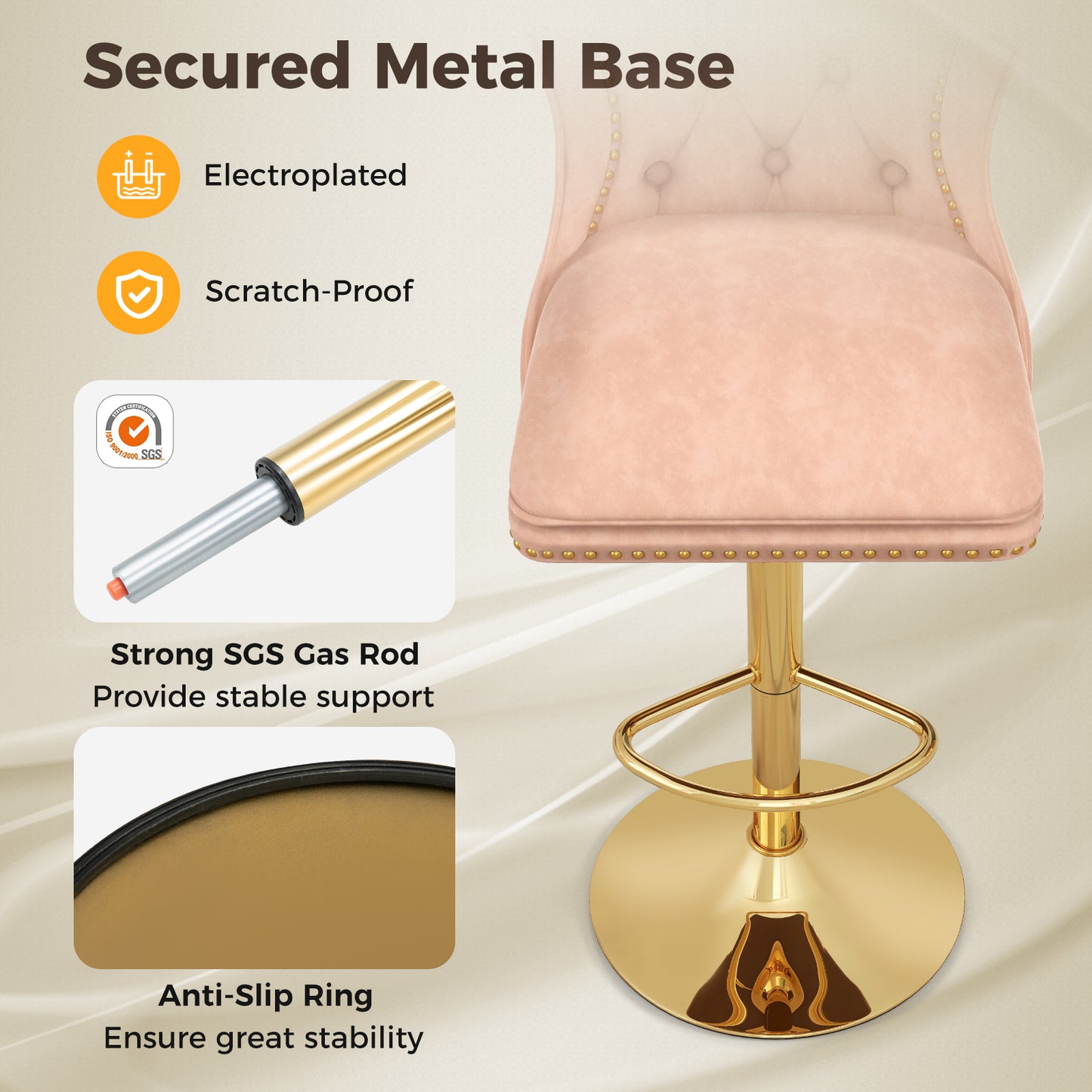 Set of 2 Bar Chairs with Footrest Electroplated Metal Base and Anti-Slip Ring-Pink
