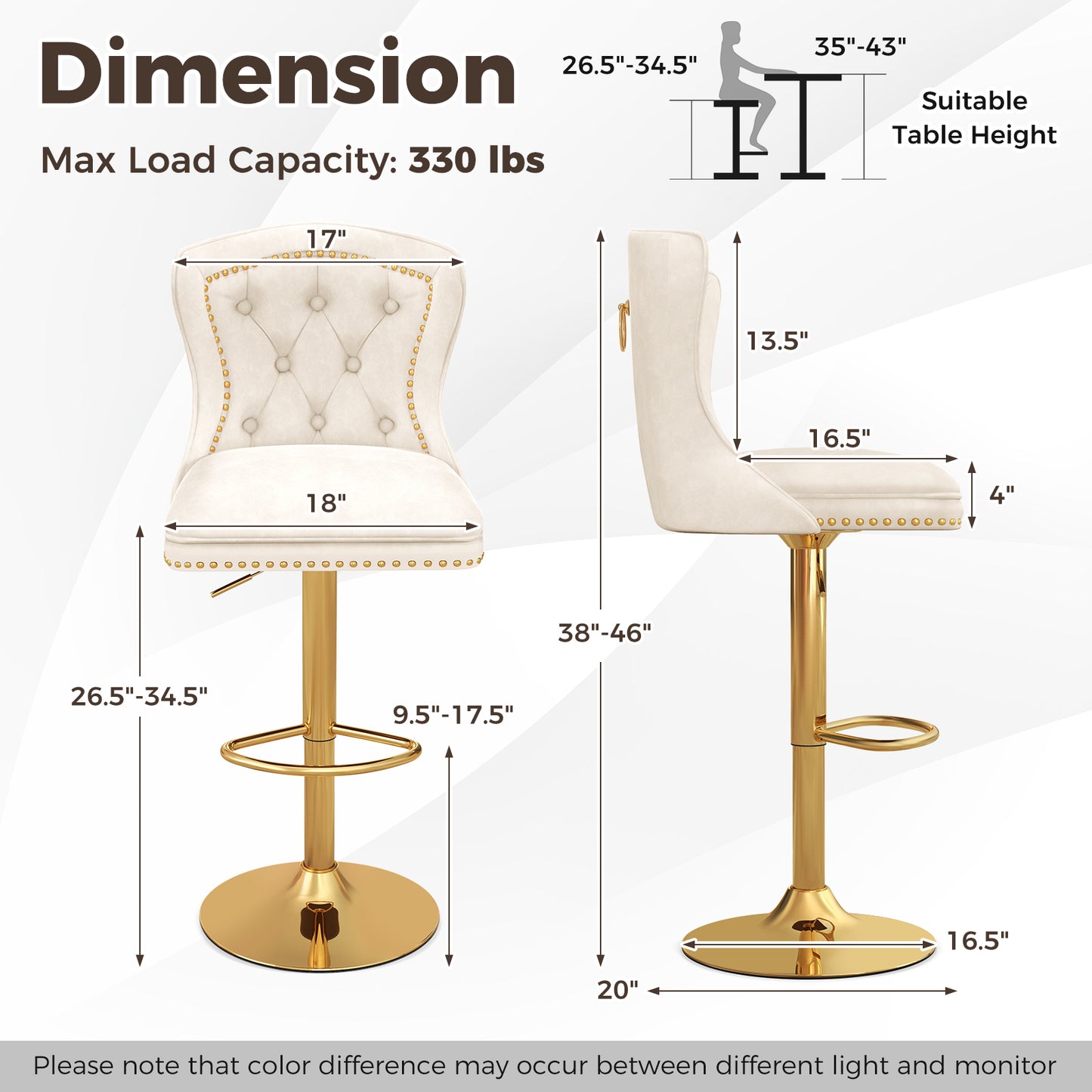 Set of 2 Bar Chairs with Footrest Electroplated Metal Base and Anti-Slip Ring-Beige