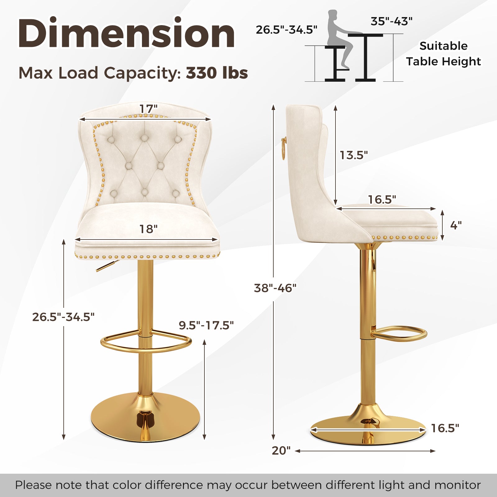 Set of 2 Bar Chairs with Footrest Electroplated Metal Base and Anti-Slip Ring-Beige