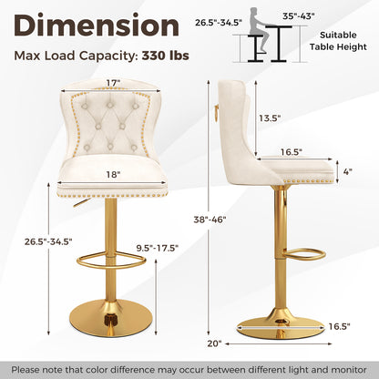 Set of 2 Bar Chairs with Footrest Electroplated Metal Base and Anti-Slip Ring-Beige