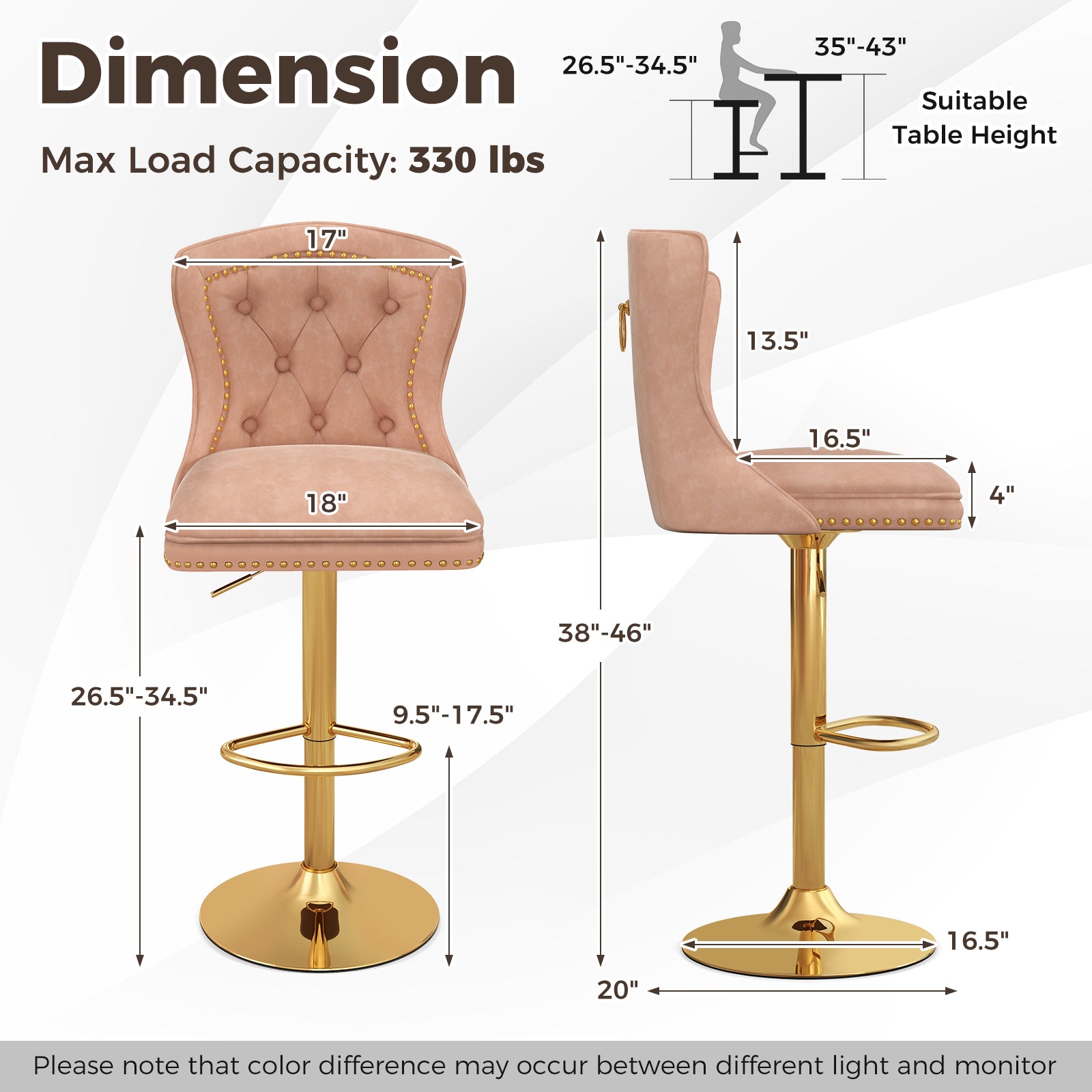 Set of 2 Bar Chairs with Footrest Electroplated Metal Base and Anti-Slip Ring-Pink