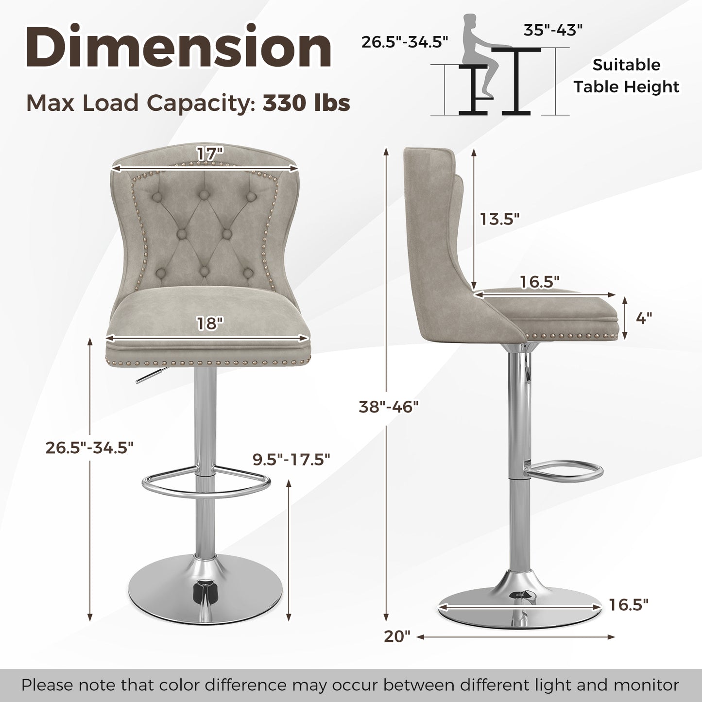 Set of 2 Bar Chairs with Footrest Electroplated Metal Base and Anti-Slip Ring-Gray