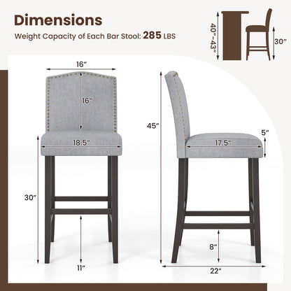 Set of 2 Bar Height Dining Side Barstools with Thick Cushion-Gray