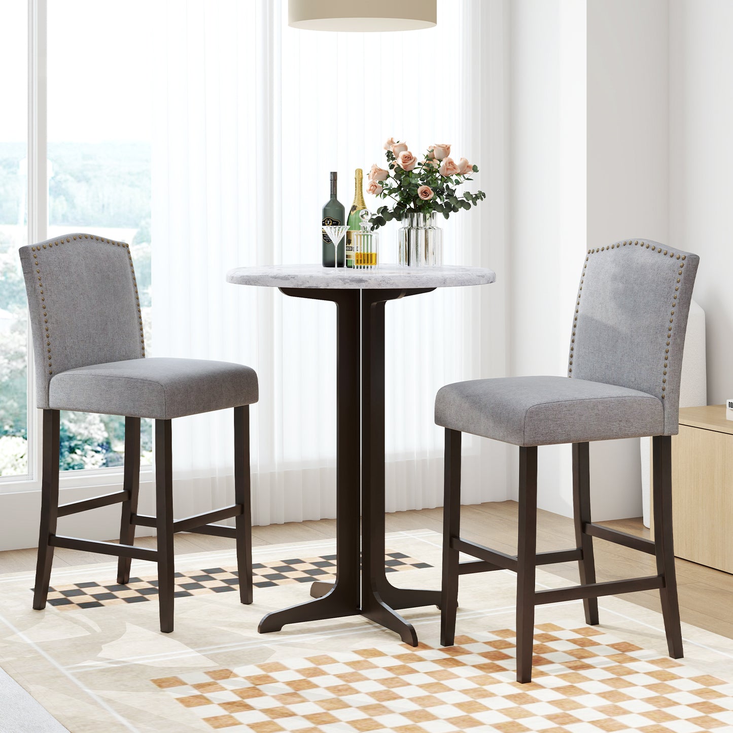 Set of 2 Bar Height Dining Side Barstools with Thick Cushion-Gray