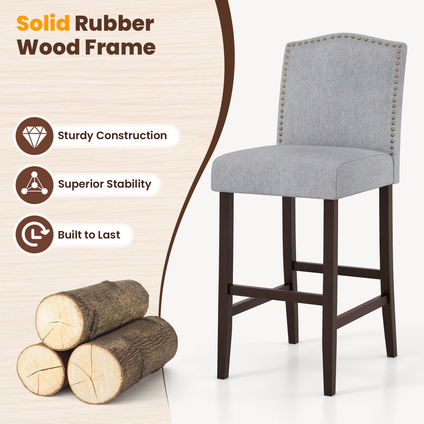 Set of 2 Bar Height Dining Side Barstools with Thick Cushion-Gray