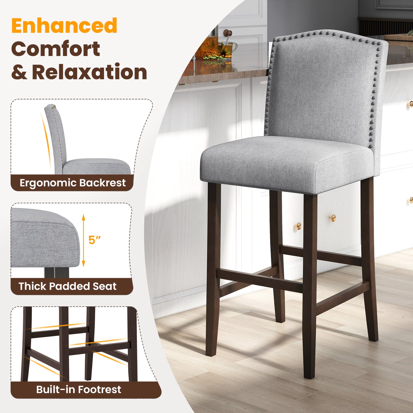 Set of 2 Bar Height Dining Side Barstools with Thick Cushion-Gray