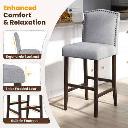 Set of 2 Bar Height Dining Side Barstools with Thick Cushion-Gray