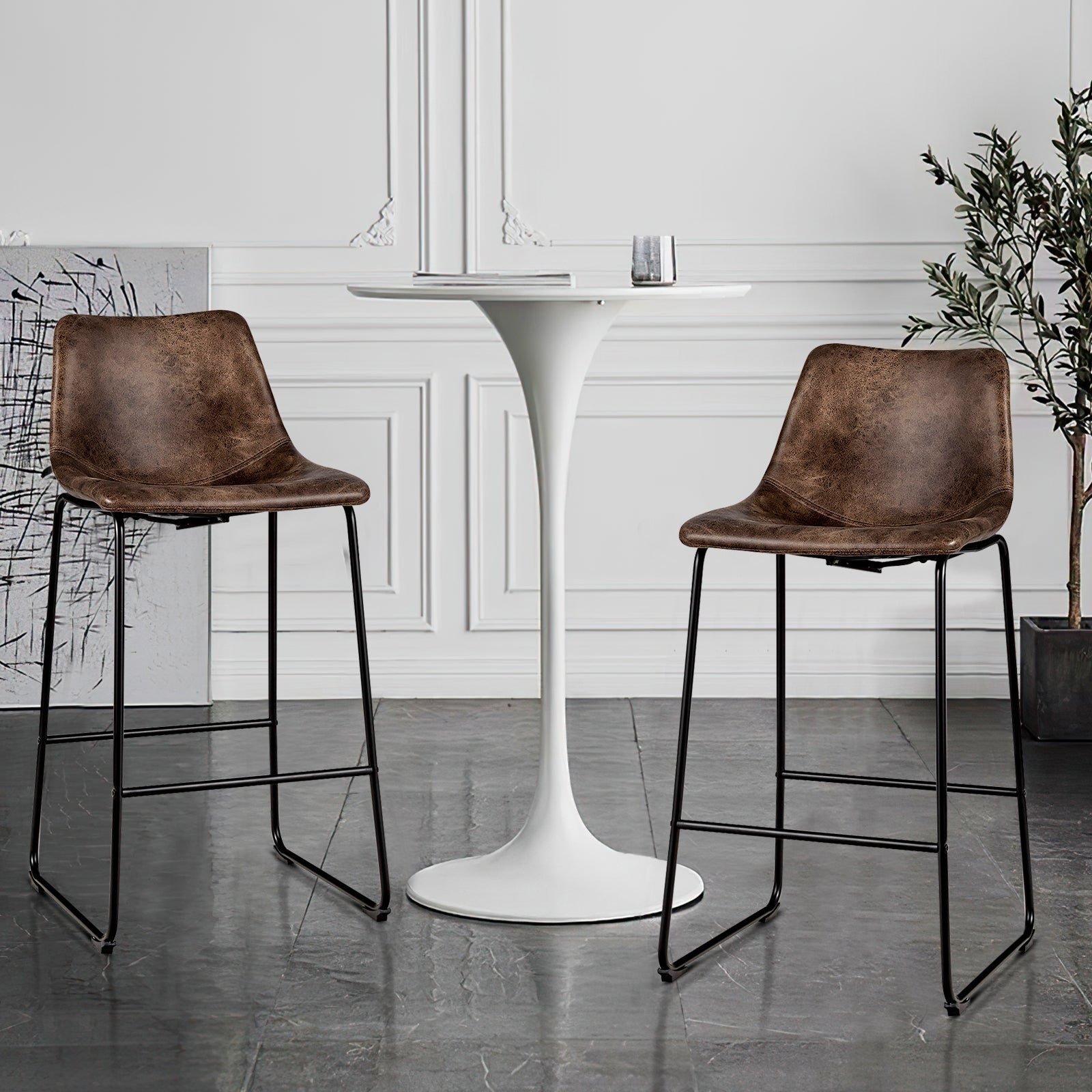 Set of 2 Bar Stool Faux Suede Upholstered Chairs-Brown