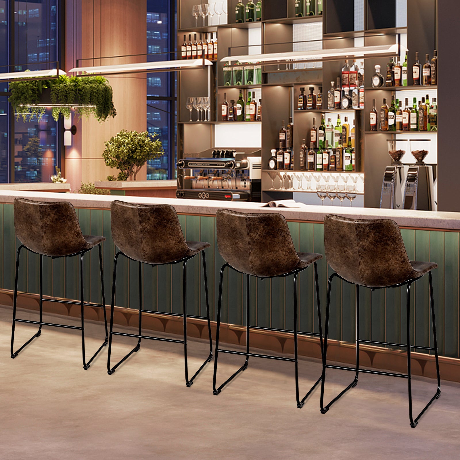 Set of 2 Bar Stool Faux Suede Upholstered Chairs-Brown