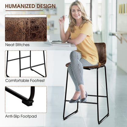 Set of 2 Bar Stool Faux Suede Upholstered Chairs-Brown