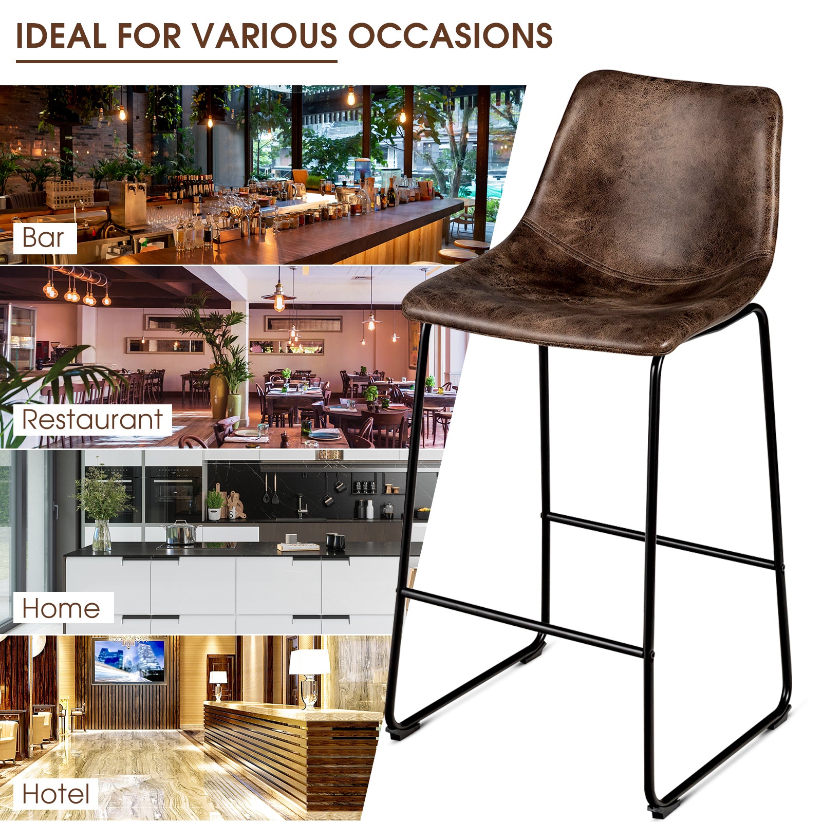 Set of 2 Bar Stool Faux Suede Upholstered Chairs-Brown