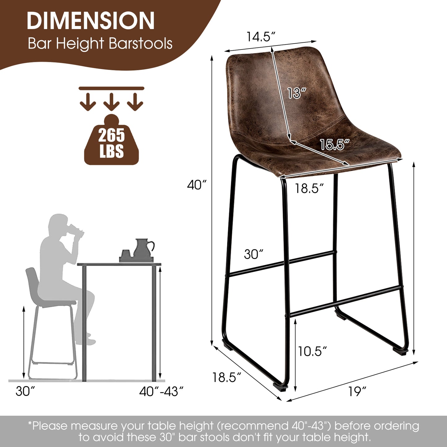 Set of 2 Bar Stool Faux Suede Upholstered Chairs-Brown