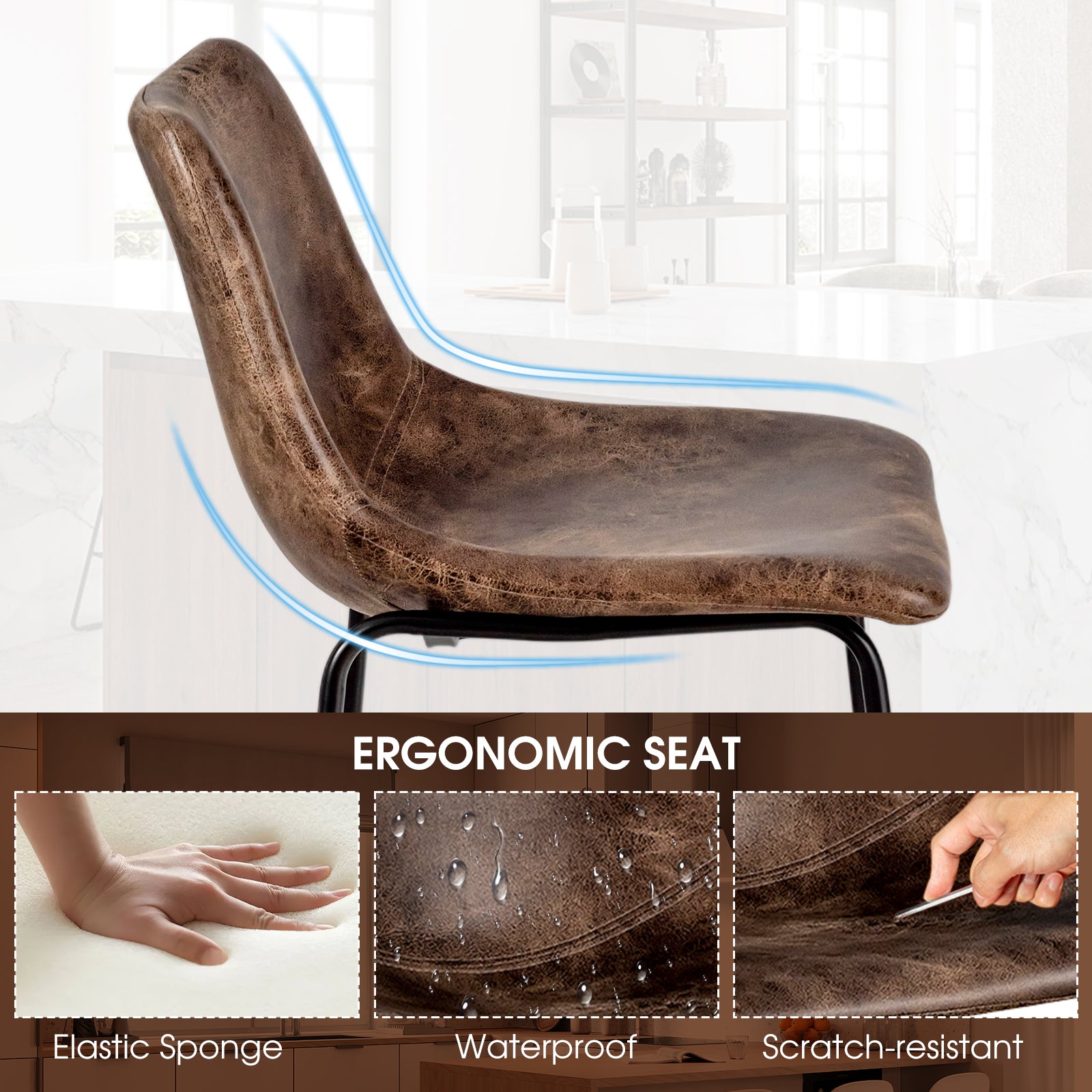 Set of 2 Bar Stool Faux Suede Upholstered Chairs-Brown