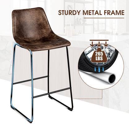 Set of 2 Bar Stool Faux Suede Upholstered Chairs-Brown