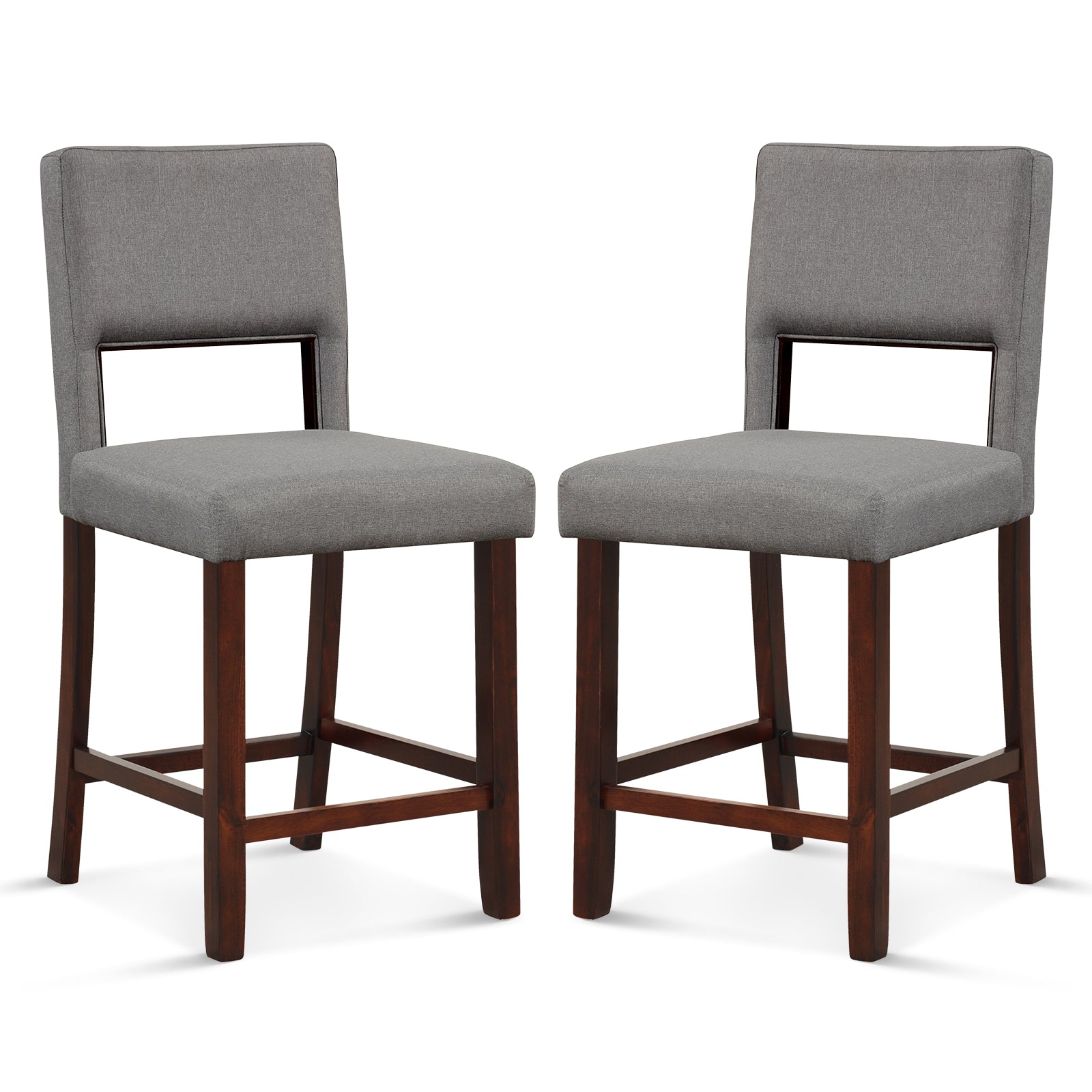 2 Piece Bar Chair Set with Hollowed Back and Rubber Wood Legs-Beige - Gray
