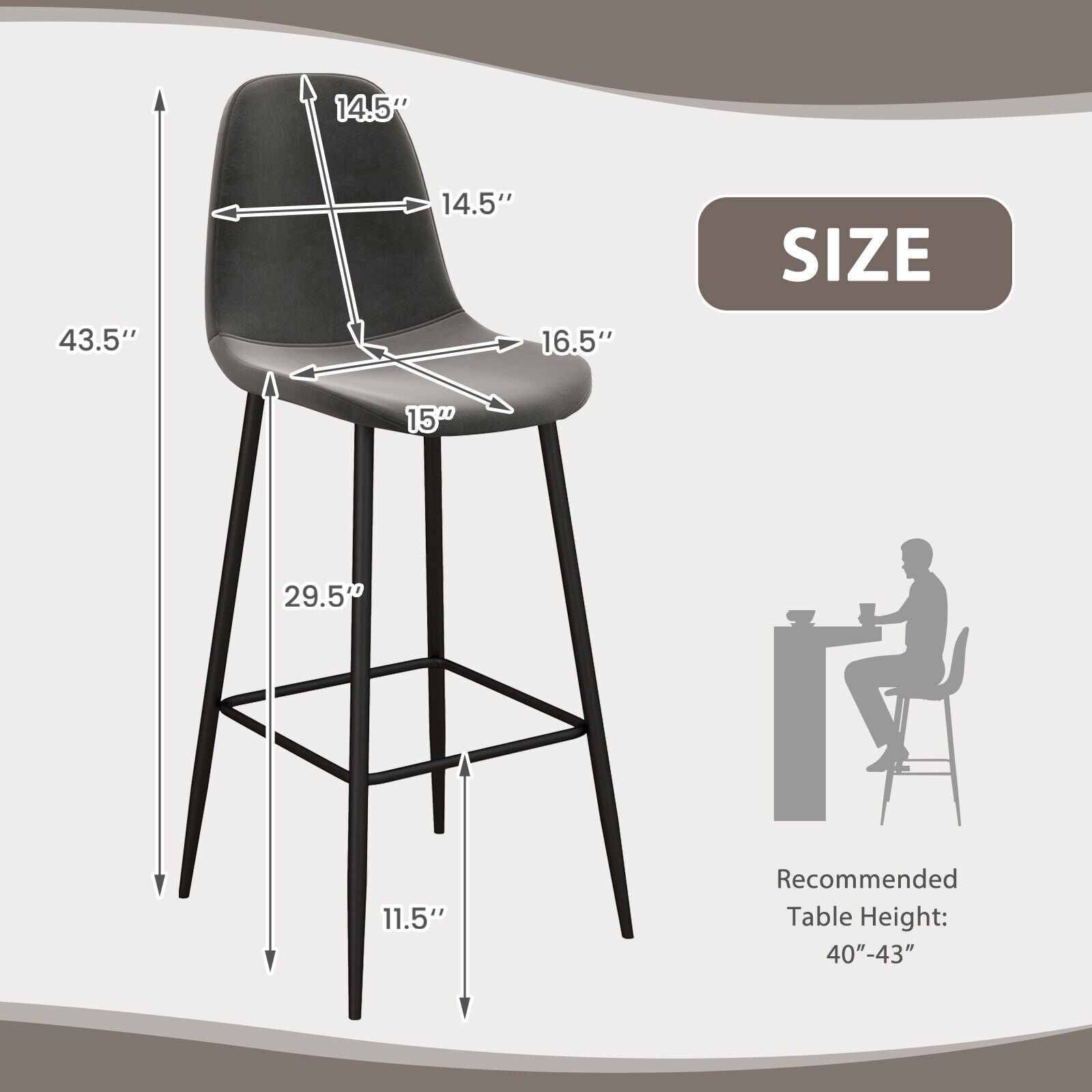 29.5 Inches High Back Bar Stools Set of 2-Dark Gray