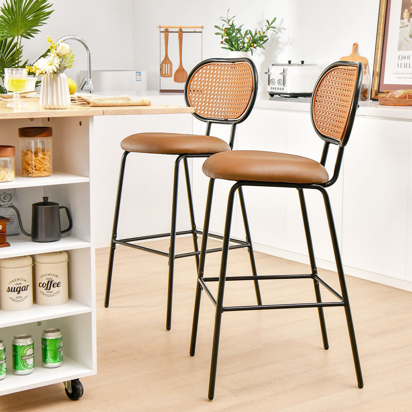 29.5 Inch Modern Faux Leather Bar Stools with Imitation Rattan Woven Backrest-Brown
