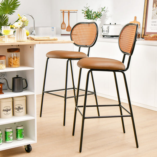 29.5 Inch Modern Faux Leather Bar Stools with Imitation Rattan Woven Backrest-Brown