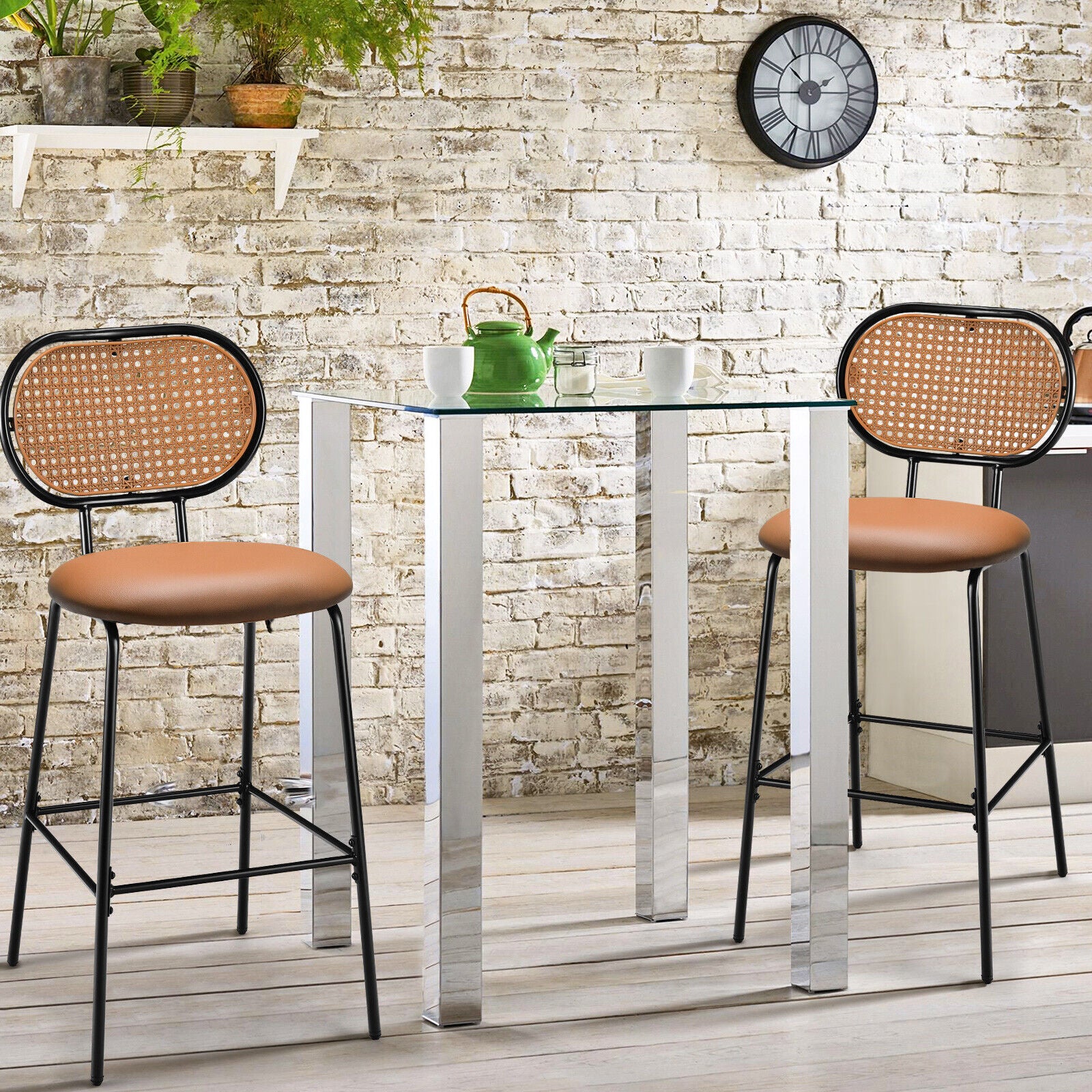 29.5 Inch Modern Faux Leather Bar Stools with Imitation Rattan Woven Backrest-Brown