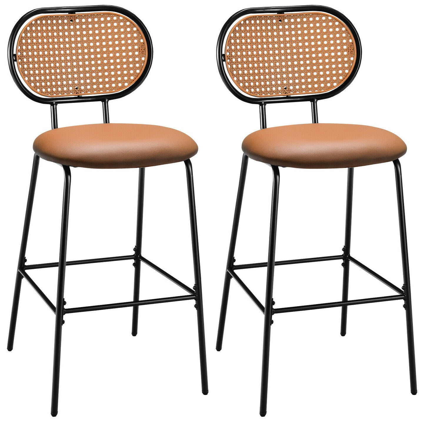 29.5 Inch Modern Faux Leather Bar Stools with Imitation Rattan Woven Backrest-Brown