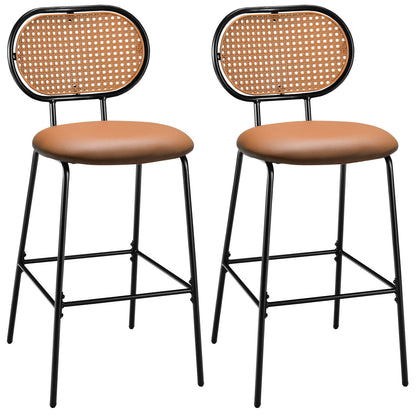 29.5 Inch Modern Faux Leather Bar Stools with Imitation Rattan Woven Backrest-Brown