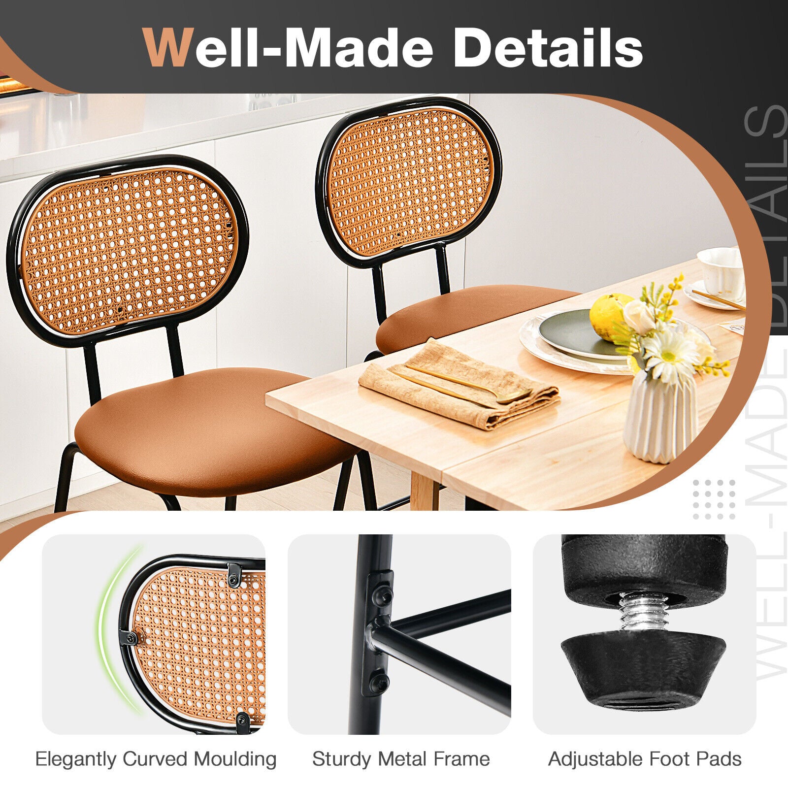 29.5 Inch Modern Faux Leather Bar Stools with Imitation Rattan Woven Backrest-Brown