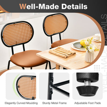 29.5 Inch Modern Faux Leather Bar Stools with Imitation Rattan Woven Backrest-Brown