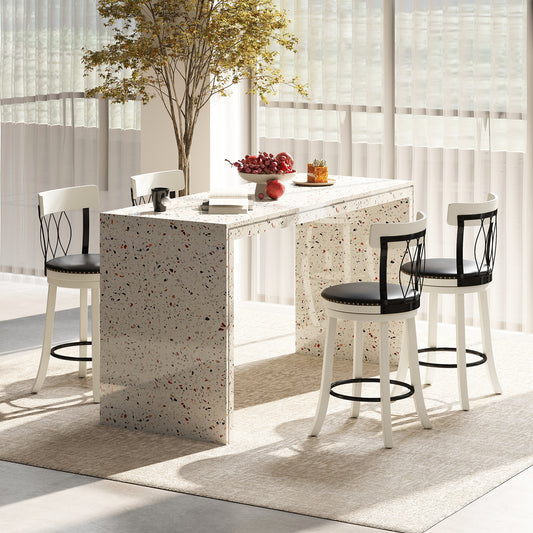 Set of 2 Bar Stools Swivel Bar Chairs with Footrest Rubber Wood Frame and Tufted Rivets