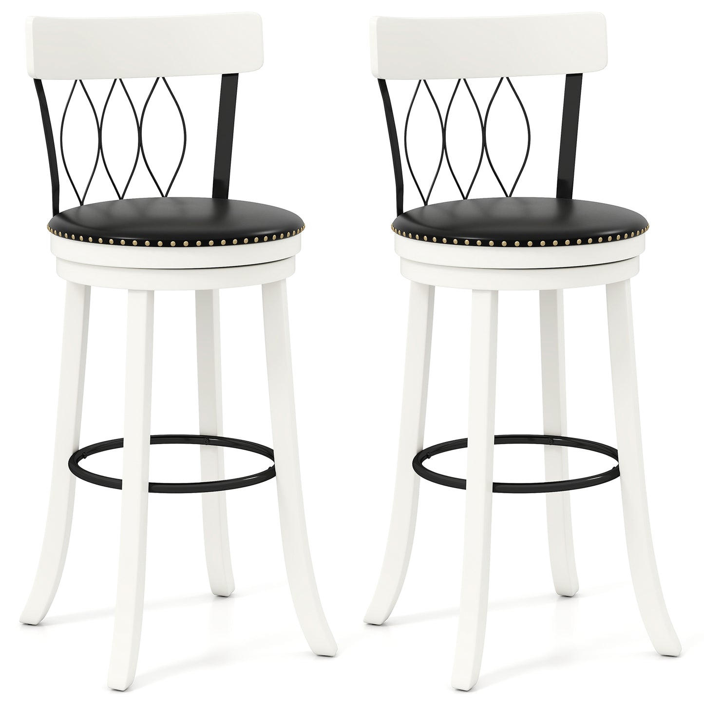 Set of 2 Bar Stools Swivel Bar Chairs with Footrest Rubber Wood Frame and Tufted Rivets-30 inches - 30 Inches