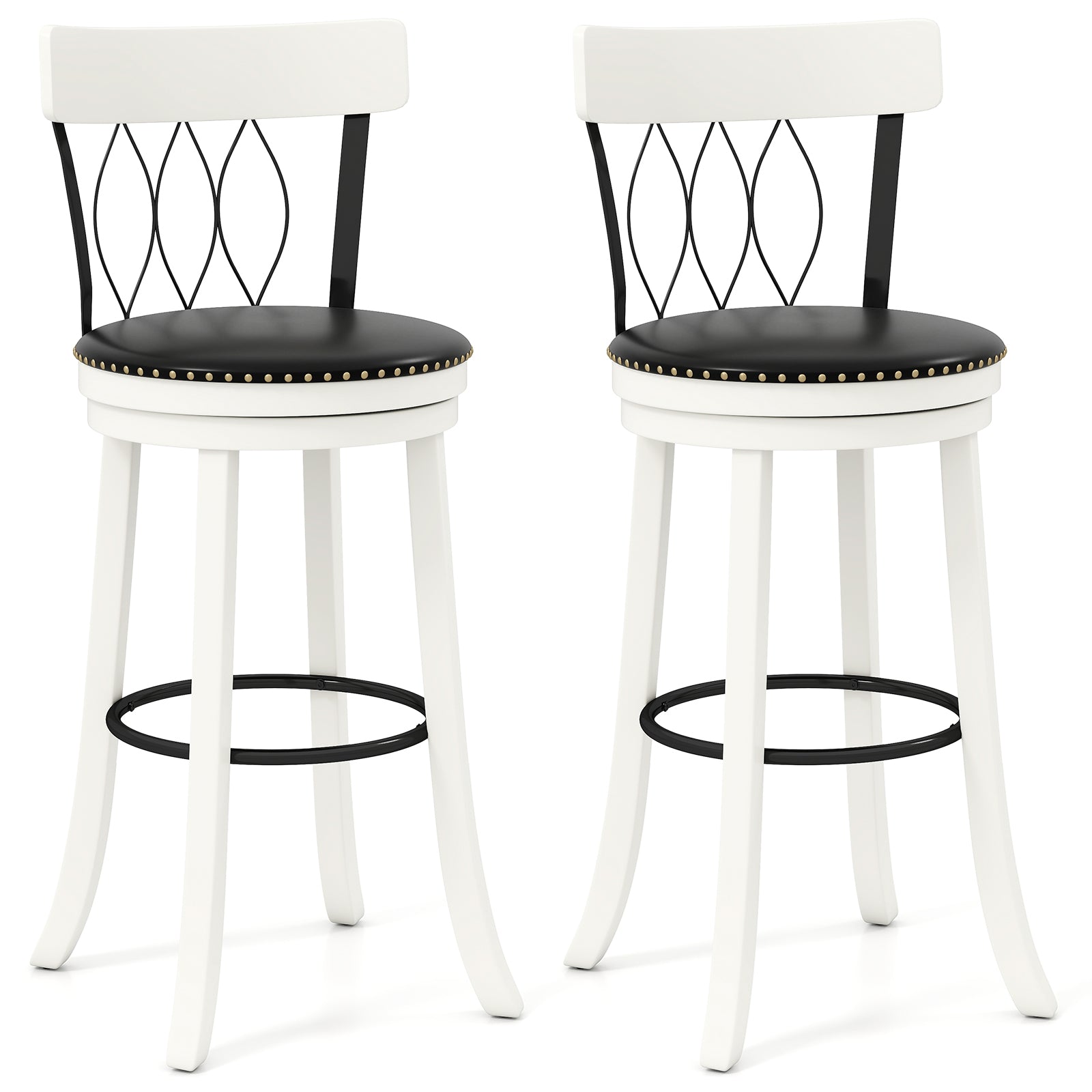 Set of 2 Bar Stools Swivel Bar Chairs with Footrest Rubber Wood Frame and Tufted Rivets-30 inches - 30 Inches