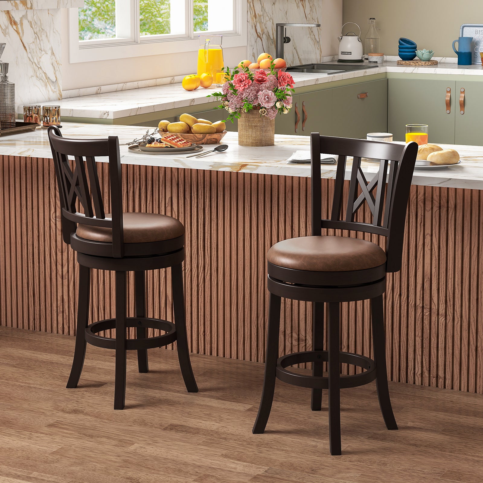 Set of 2 Bar Stools Swivel Bar Chairs with Footrest and Hollowed Backrest-26 inches