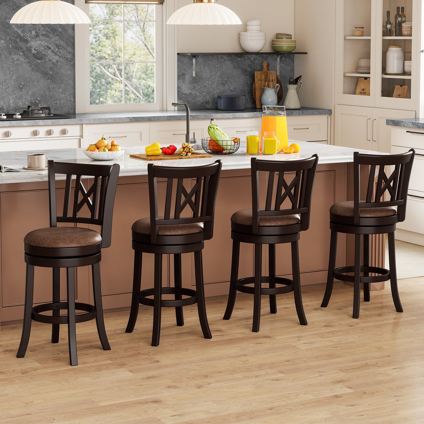 Set of 2 Bar Stools Swivel Bar Chairs with Footrest and Hollowed Backrest-26 inches