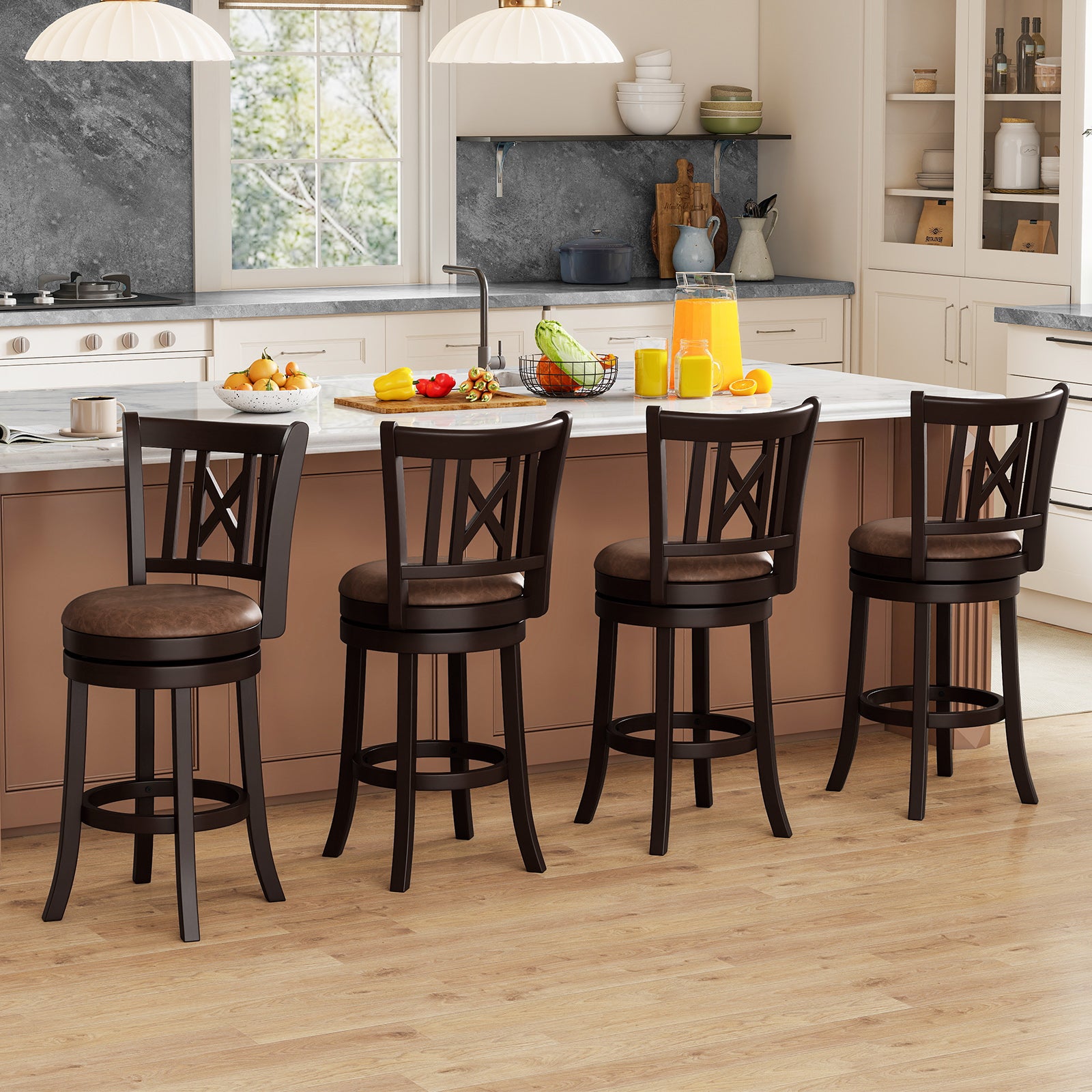 Set of 2 Bar Stools Swivel Bar Chairs with Footrest and Hollowed Backrest-26 inches