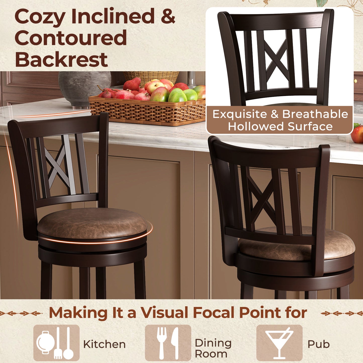 Set of 2 Bar Stools Swivel Bar Chairs with Footrest and Hollowed Backrest-26 inches