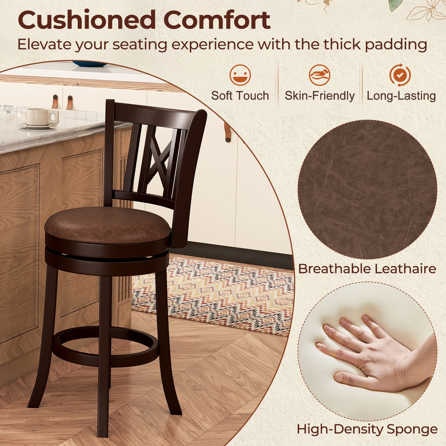 Set of 2 Bar Stools Swivel Bar Chairs with Footrest and Hollowed Backrest-26 inches