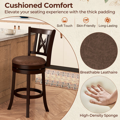 Set of 2 Bar Stools Swivel Bar Chairs with Footrest and Hollowed Backrest-26 inches
