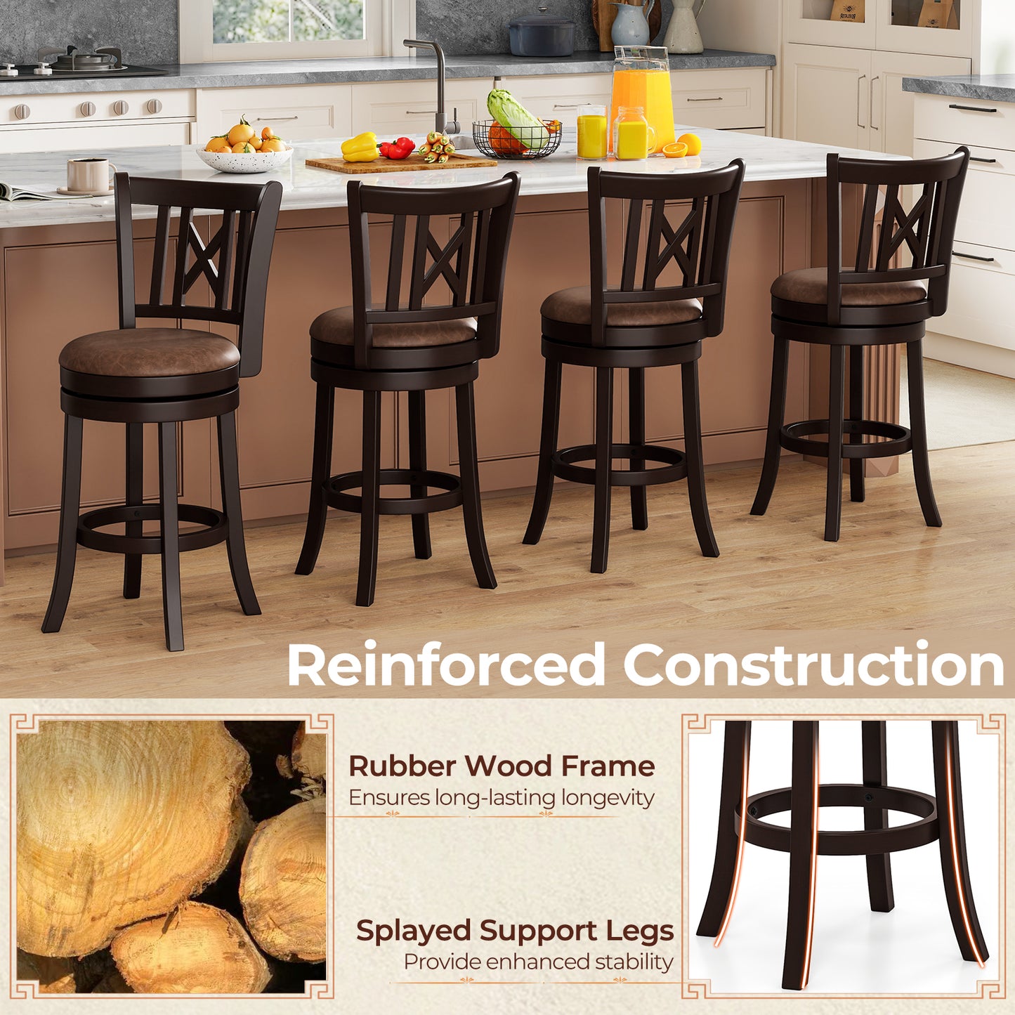 Set of 2 Bar Stools Swivel Bar Chairs with Footrest and Hollowed Backrest-26 inches