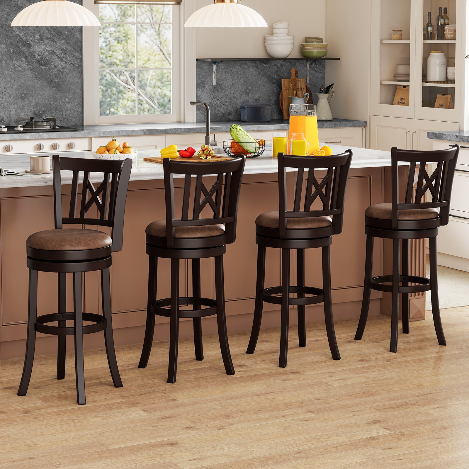 Set of 2 Bar Stools Swivel Bar Chairs with Footrest and Hollowed Backrest-30 inches